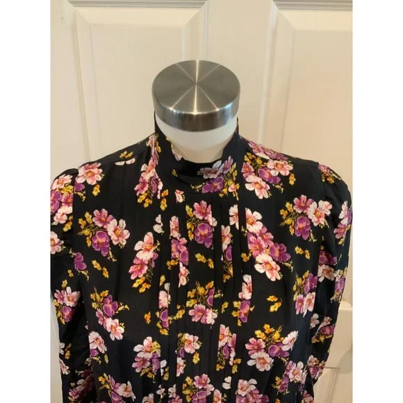 Zadig & Voltaire Rabbi Peonies Black Pleated Floral High Neck Mini Dress, Size S